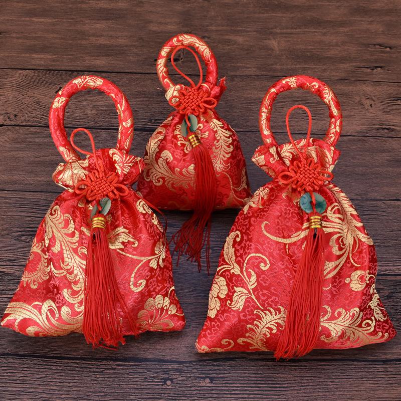 10pcs Chinese Style Canvas Flower Drawstring Bag Large Capacity Korean Style Festive Sugar Bag Wedding Handheld Candy Bags