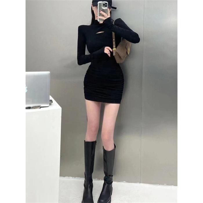 Sweet Spice Girl Black Long Sleeve Dress Women's Autumn and Winter New Waist Bottom Short Skirt Pure Desire Wind Hip Wrap Skirt