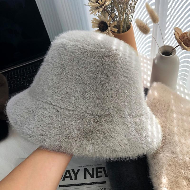 Imitation Mink Mink Hair Bucket Hat Female Autumn and Winter Warm White Plush Bucket Hat Female Winter Washbasin Hat