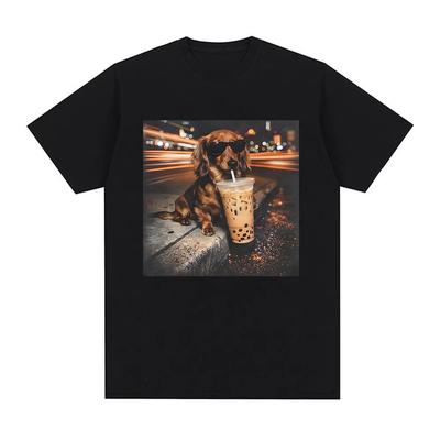 Funny Dachshund Drinking Iced Coffee Meme Tshirt Women Cool Fashion Retro Short Sleeve Tshirts 100 Cotton T Shirt Streetwear