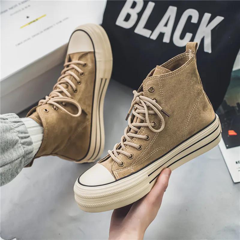 Suede High Top Casual Sneakers Shoes for Men Vintage Brown Ankle Boots Thick Sole Men Shoes High Top Mens Sneakers