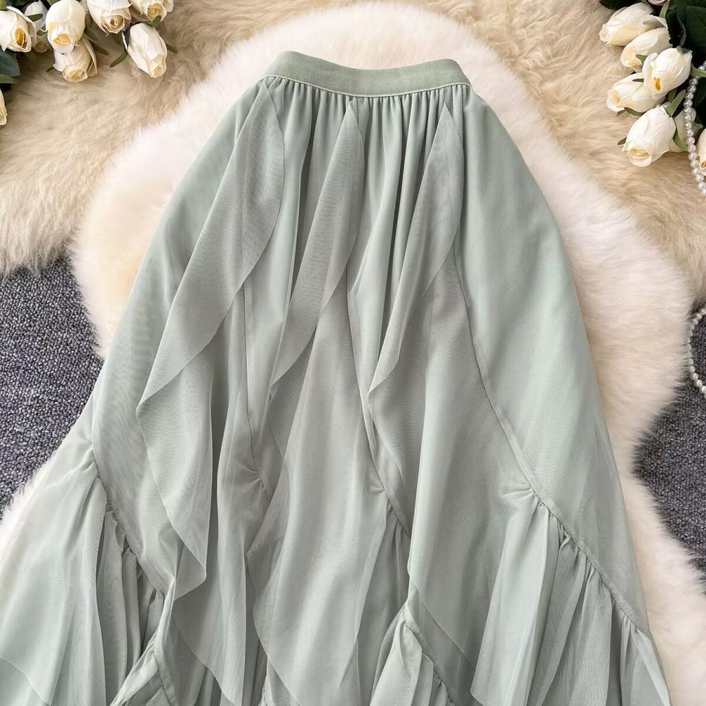 Letní Dámská Elegantní Sukně s Vysokým Pasem, Volánky, Síťovaná, Dlouhá Midi, Nepravidelná Tylová