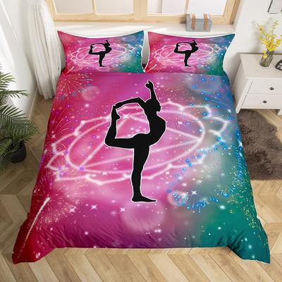Gymnastics Soft Duvet Cover Ful Quen,Gymnast Dancer Warm Comforter Cover for Gymnast Gift,Stary Sky Beding Set Boho Flower Comfortable Quilt Cover