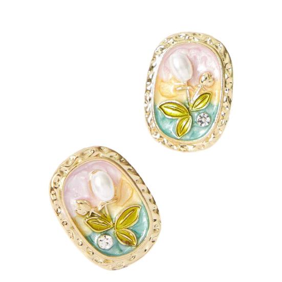 1 Pair Enamel Flower Stud Earrings for Women Faux Pearl Rhinestone