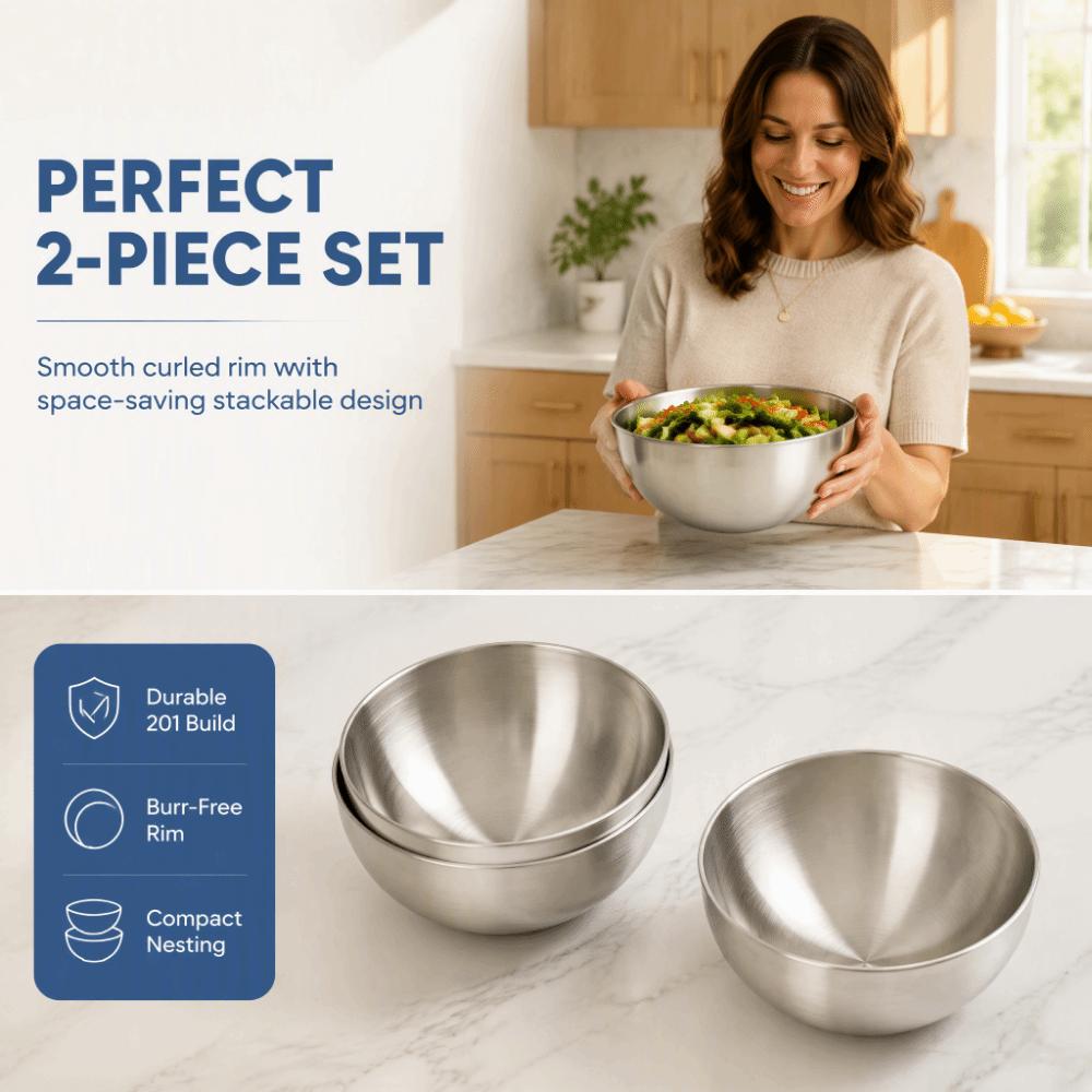 2pcs Stainless Steel Mixing Bowl Round Shape Kitchen Serving Bowl For Restaurant