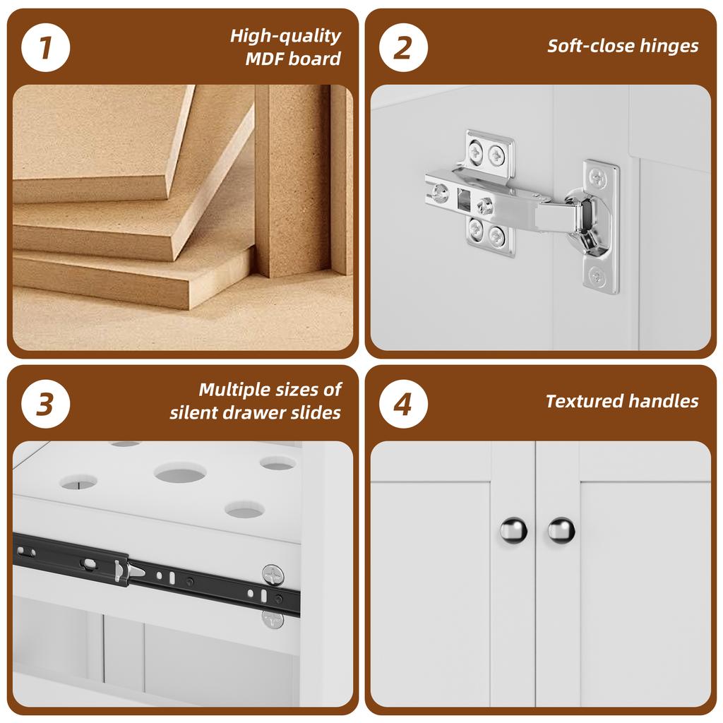 76 x 47 x 86 cm, Lavabo Autoportante, Laccato, Lavabo in Ceramica a Prova di Perdite, 8 Cassetti, Basso Rumore, Cerniere Soft-Close, Maniglie Argentate, Bianco.