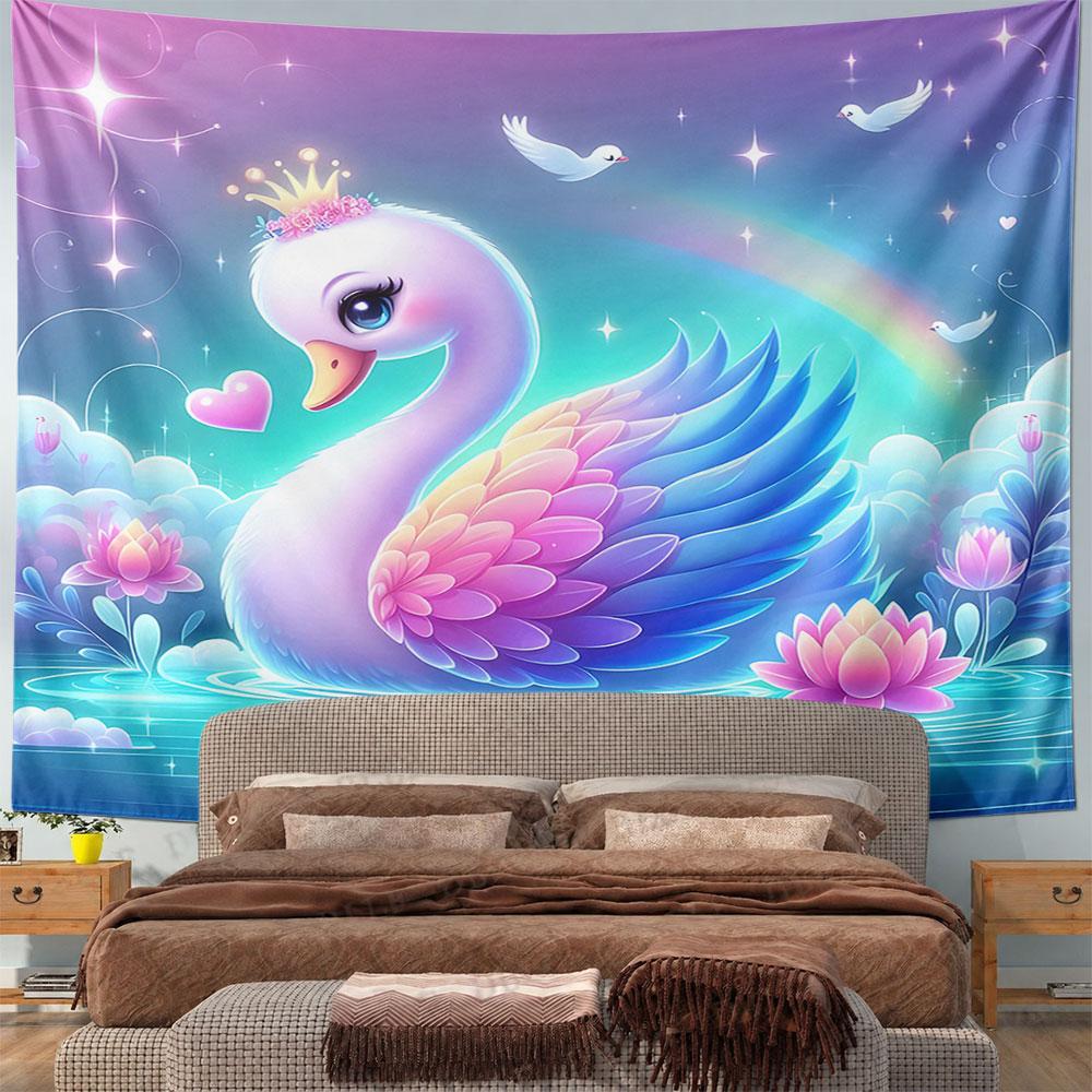 Elegant Swan with Rainbow Glow Pattern Wall Hanging Tapestry Decorative Tapestry Home Decor for Bedroom and Living Room