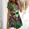 Summer Fashion Women's V Neck Short Sleeve Artistic Pattern Printed  Dress Sex Short Skirt Dresses