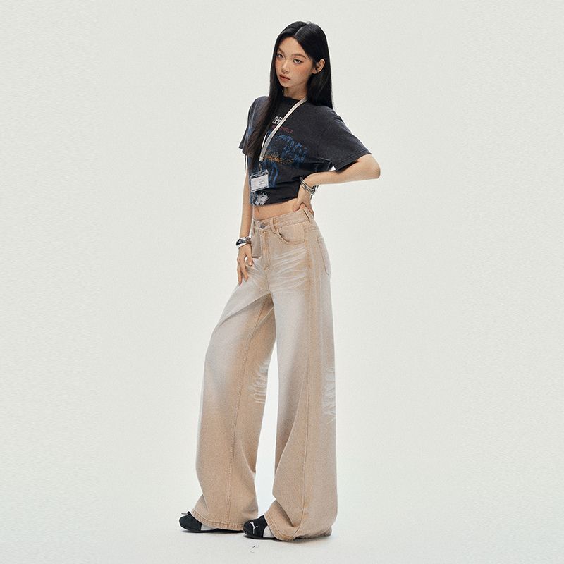 Spring Summer Washed Whisker Khaki Relaxed Straight Floor Wide Leg Denim Pants For Women Casual Pants Oversize Denim Trousers