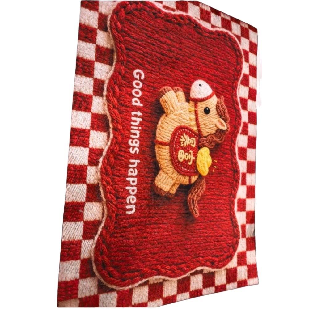Cute Horse Pattern New Year Door Mat Festive Red Non-slip Door Carpet Water Absorption Foot Mat Home Decorations