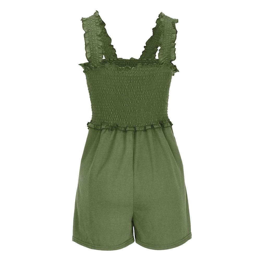 2026 New Lightweight European & American Sleeveless Square Neck Smocked Jumpsuit with Wide-Leg Shorts
