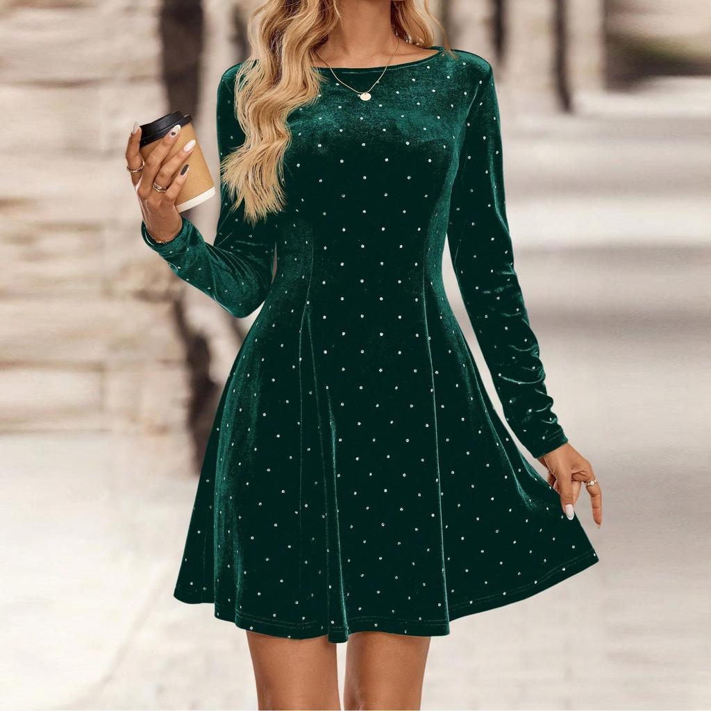 Robe élégante à manches longues pour femmes, en velours à pois, incrustée de diamants, cintrant la taille et amincissante