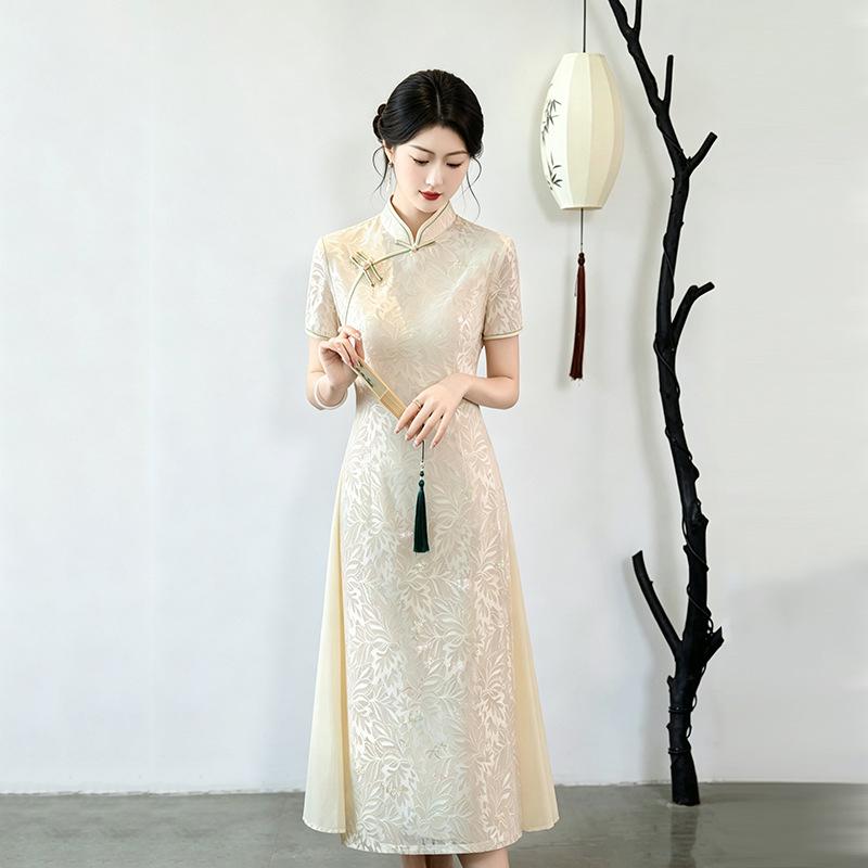 Champagne Aodai national style new Chinese cheongsam improved young women's high-end retro short-sleeved dress summer