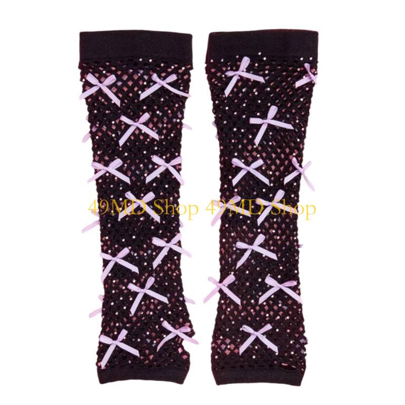 49MD Women s Half Finger Gloves with Rhinestones and Bowknot for Formal Occasion Halloween Punk Styles Gloves Handwear