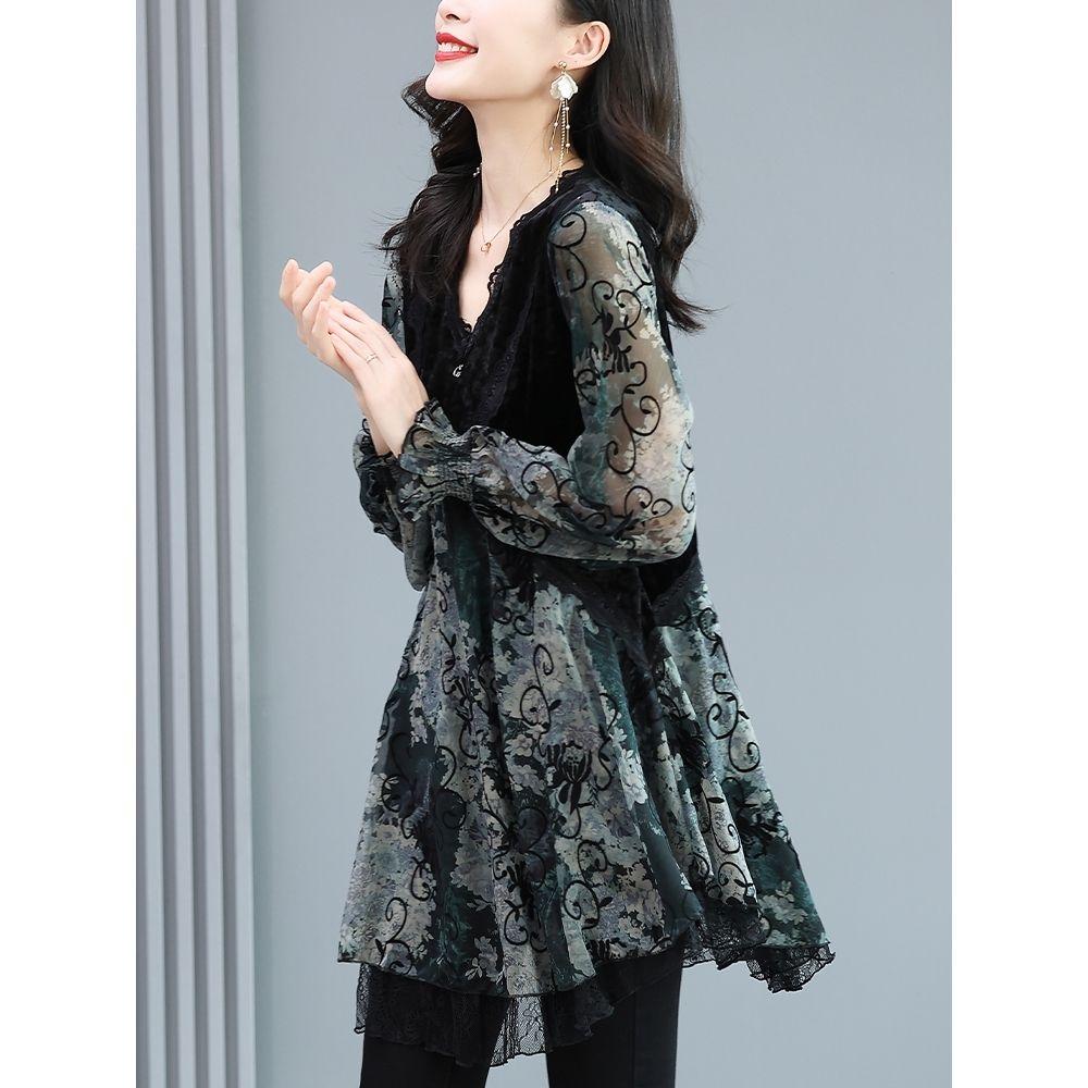Chiffon Shirt Women's Spring and Summer New Fashion High-end Temperament Velvet Stitching Loose Large Size Retro Printed Top