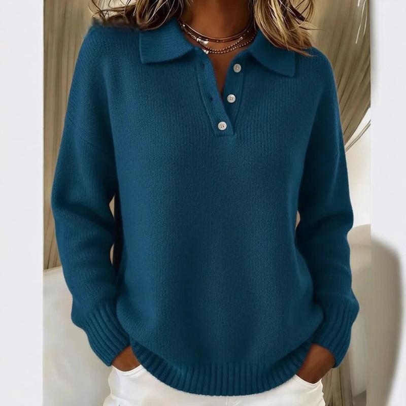 Women's Polo Collar Ribbed Long Sleeve Sweater Top Loose Fit Casual Pullover