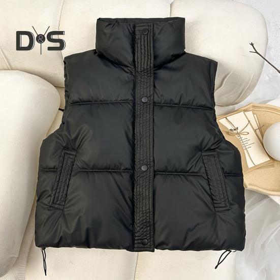 Zimowy damski płaszcz kamizelkowy pogrubiony wyściełany zapięcie na zamek błyskawiczny kołnierz stójka bez rękawów jednolity kolor wodoodporny zatrzymujący ciepło płaszcz puchowy na zewnątrz