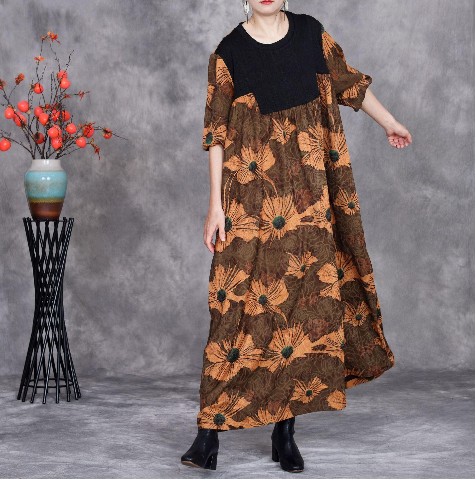 

Johnature Niche Personality Knit Splicing Print Dress Woman Winter Vintage Style O-Neck Long Sleeves Dress One Size жёлтый