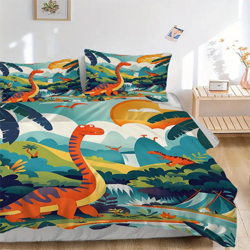 3pcs Dino Adventure Bedding Set, Includes 1 Comforter + 2 Pillowcases, Without Pillow Inserts, Soft Comfortable, Lightweight Breathable, Pri
