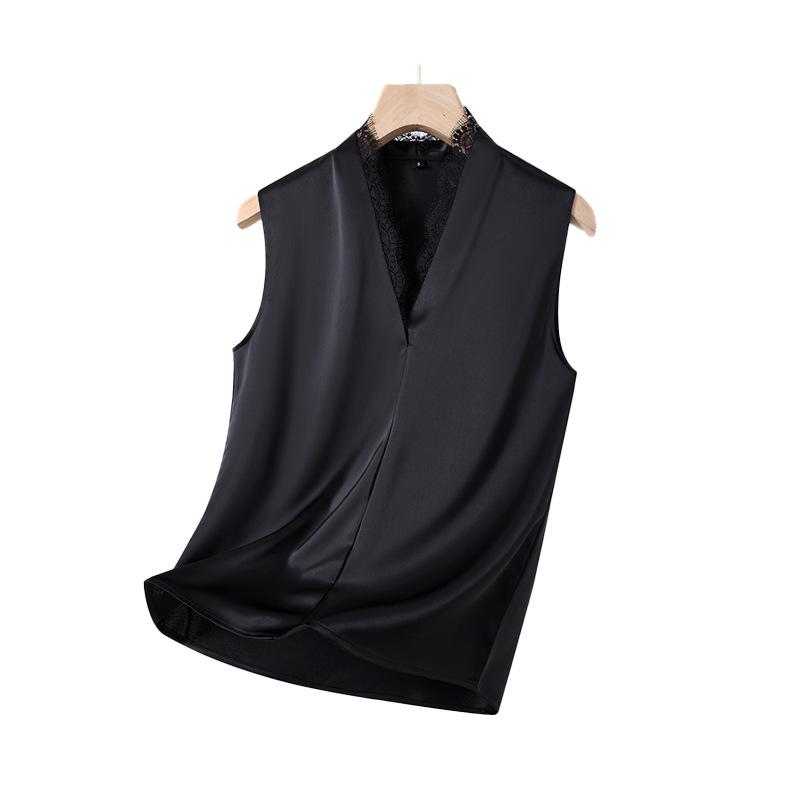 Black Spring/Summer Satin Lace Trim Vest – Slimming Women's Elegant Layered Top