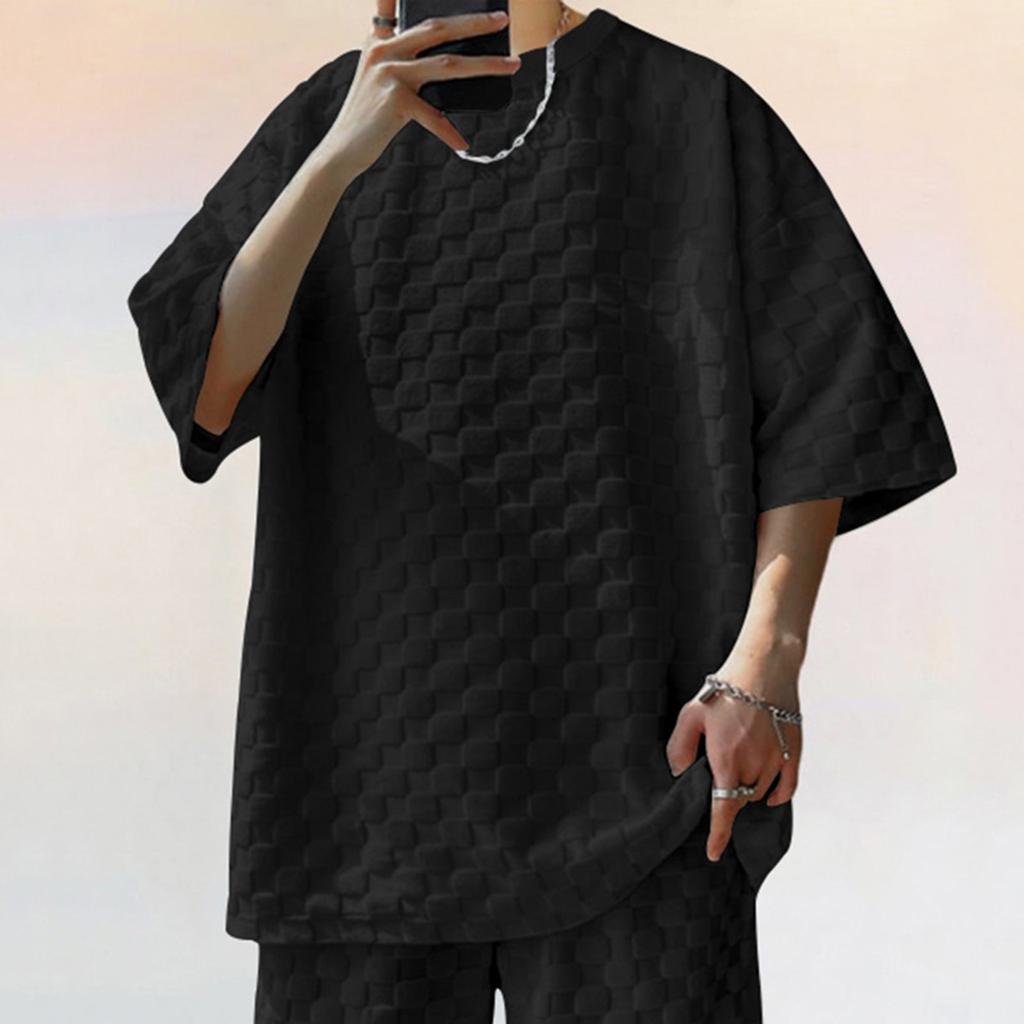 Men's Summer Heavy Checkerboard Men's Short-sleeved T-shirt Loose Drop Shoulder Round Neck Casual T-shirt Men