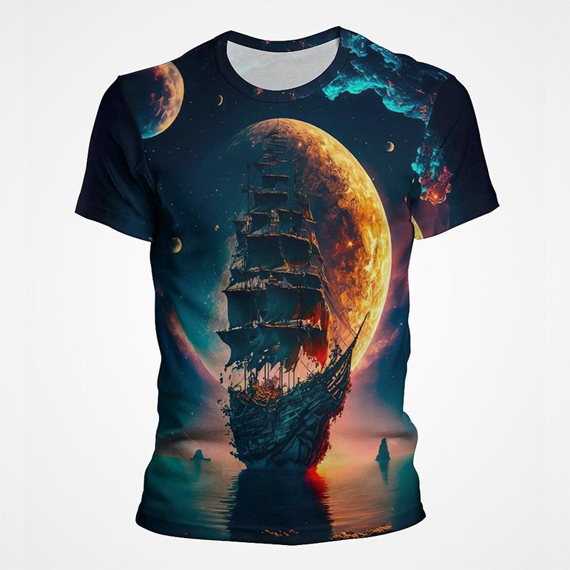 Segelboot Piratenschiff Grafik T-Shirts Herren 3D-Druck Kurzarm Tee Tops Lässig Herren Übergröße Streetwear T-Shirt Ropa Hombre
