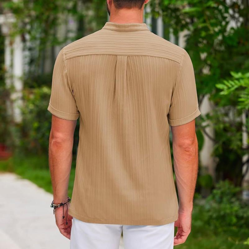Nové pánské vintage bavlněné a lněné pruhované henley tričko s krátkým rukávem, volné