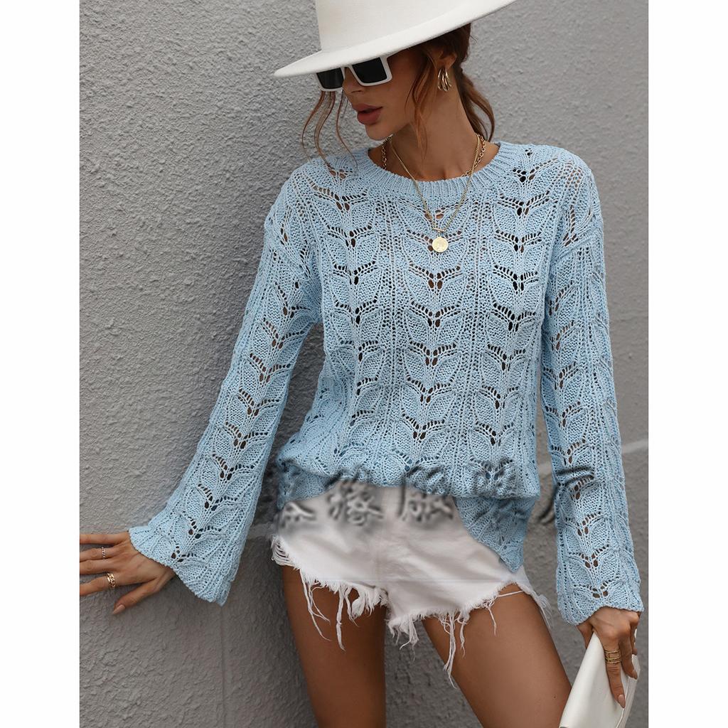 2024 Herbst und Winter Neu Gestrickter Europäischer und Amerikanischer Einfarbiger Hakenblumen Aushöhlpullover Rundhals Lockerer Pullover für Damen