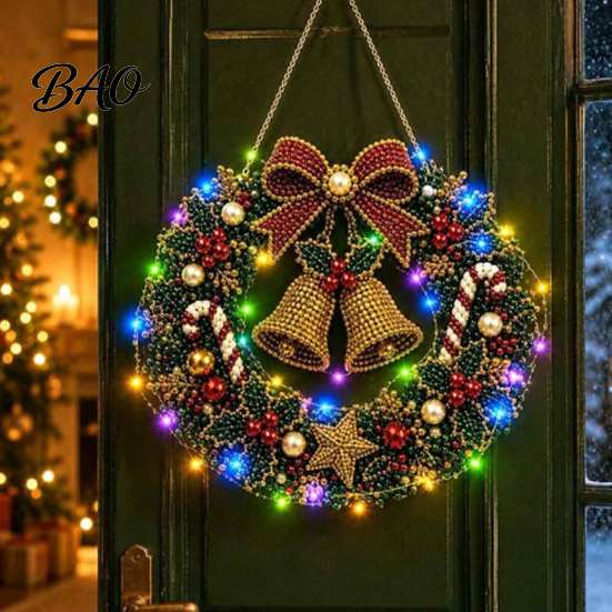 Seasonal Holiday Crafting Set Christmas Diamond Painting Wreath Kit with LED String Lights, Snowman Pearl Art Shiny Acrylic Craft for Adults,