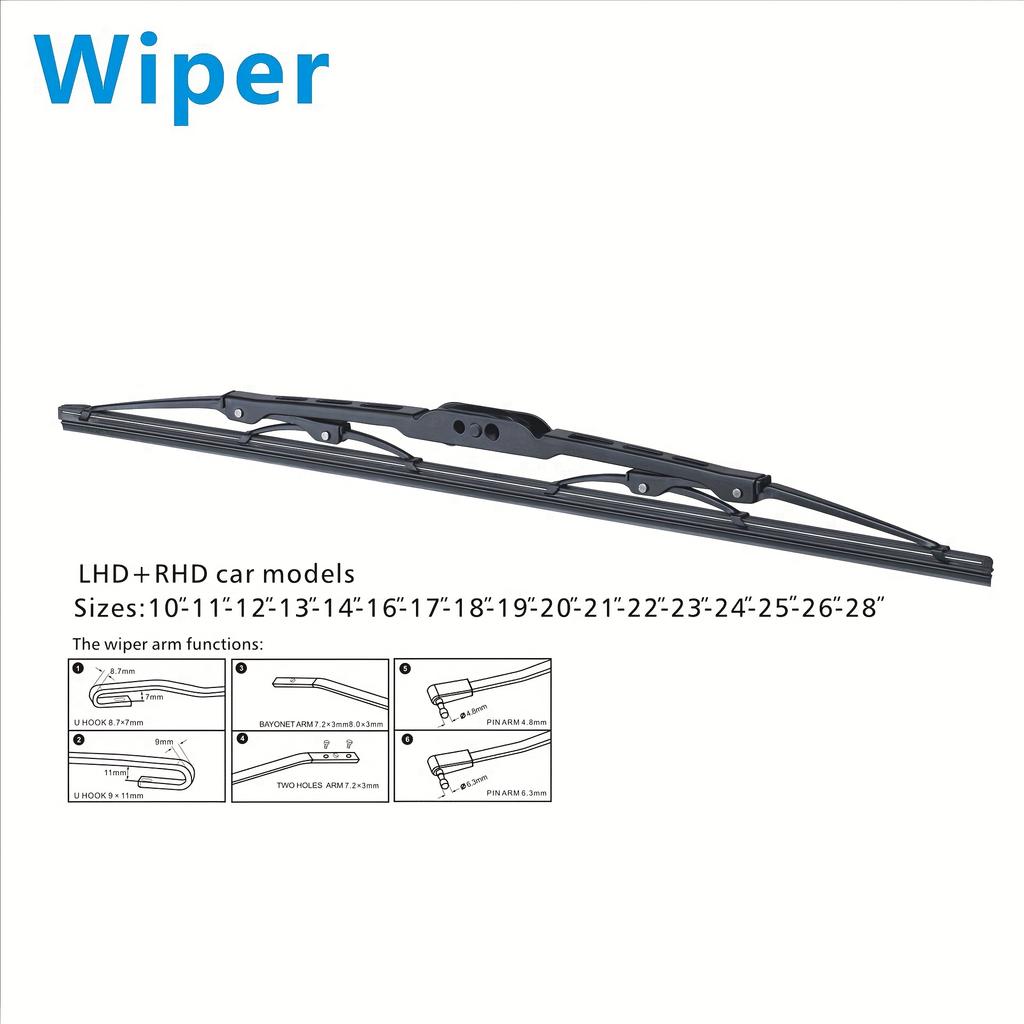 Premium Black Metal Wiper Blade with Natural Rubber Fit for All U-Hook Cars, Enhanced Pressure Distribution for Stronger Cleaning