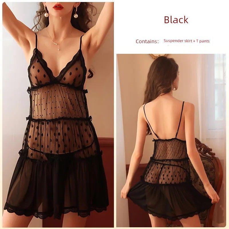 

New Arrival Lace Floral Border Mesh Nightdress/Hot Sexy Sexy Perspective Suspender Skirt/Deep V-neck Hollow-out Private Skirt Black L