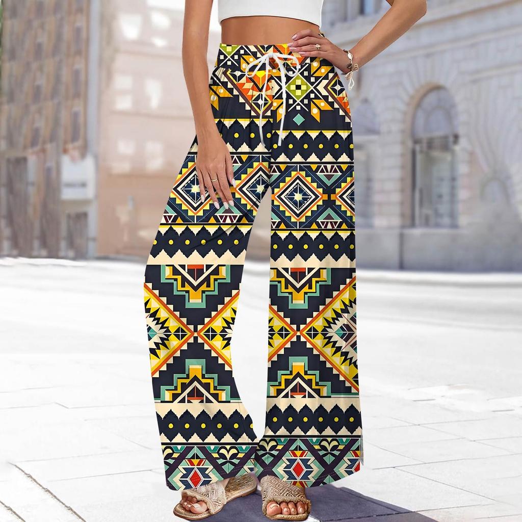 Dámské potištěné kalhoty s širokými nohavicemi s kapsami Vysoký pas Stahovací šňůrka Volné ležérní kalhoty