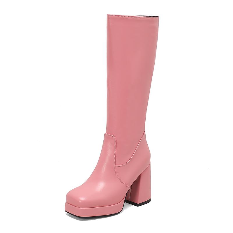 Candy Colored Glossy Patent Leather Material For Women's Knee Boots Square Toe Platform Ultra-High Thick Heel Winter Long Boots