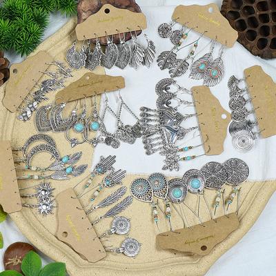 Ethnic Style Alloy Earrings Silver Plated Retro Geometric Round Bee Leaves Bamboo Sunflowers Personalized Decoration Gifts