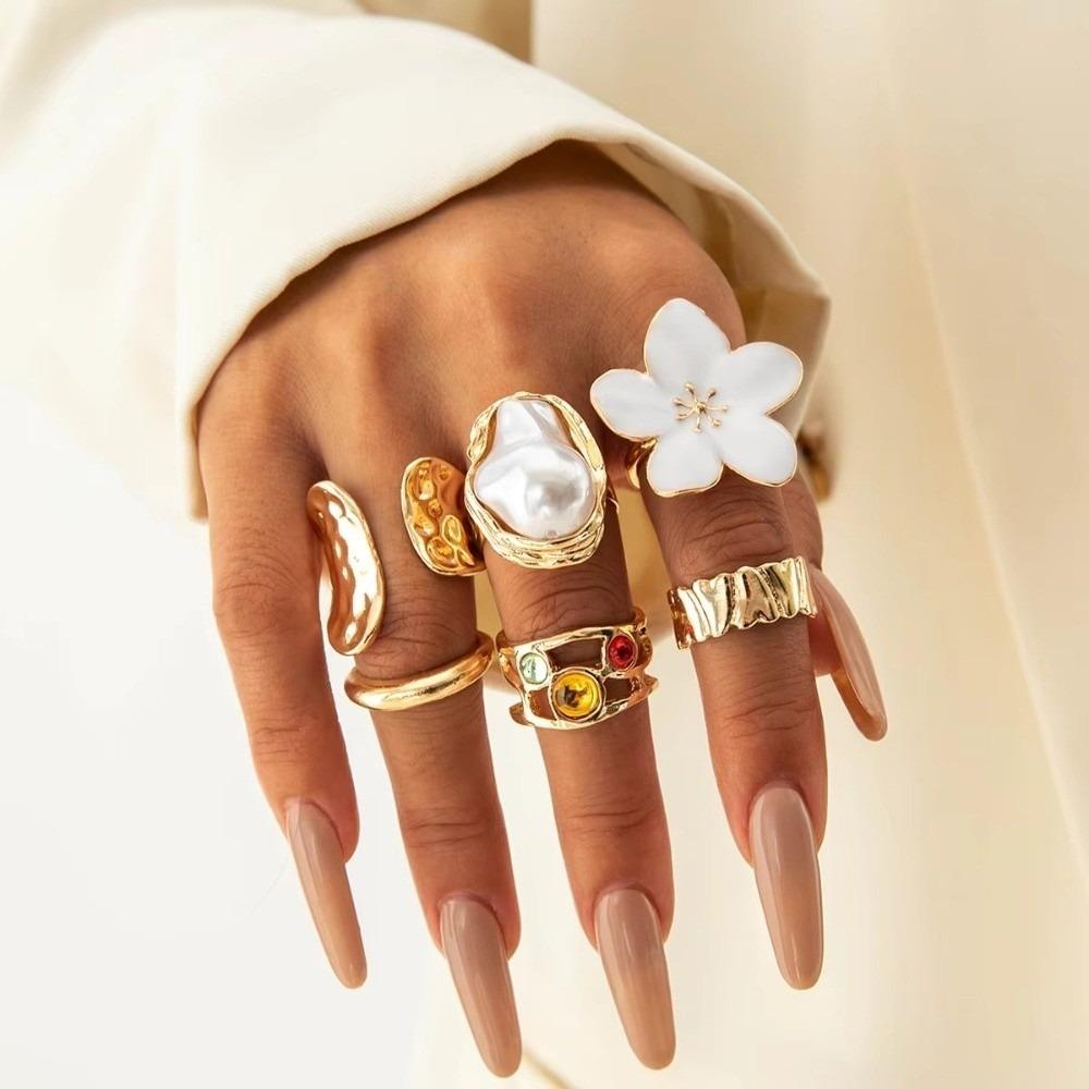 6/8/12 pcs/set Gold Sliver Open Ring Sets Zinc Zinc Alloy Floral Ring Elegant Geometric Baroque Ring Gift