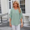 2024 Women's Loose Chiffon Short Sleeve Blouse - Solid Color, Round Neck, Five-Point Sleeves