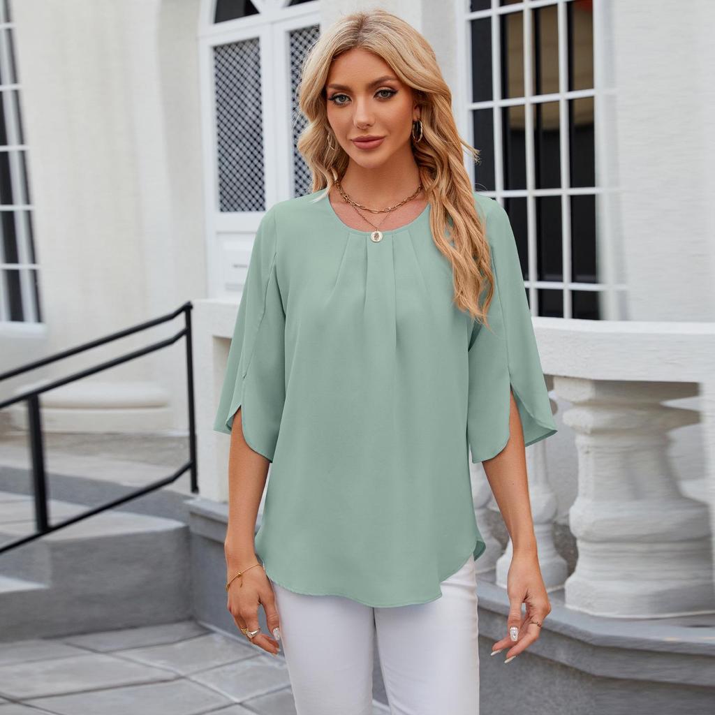 2024 Women's Loose Chiffon Short Sleeve Blouse - Solid Color, Round Neck, Five-Point Sleeves