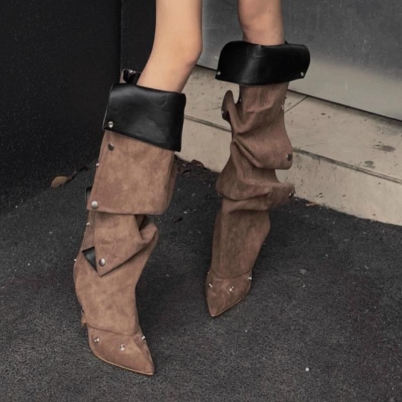 Designer Women Boots Fashion Pointe High-heel Boot Pleated Design Knee-high Boots Trouser Leg Boots for Women Botas Largas Mujer