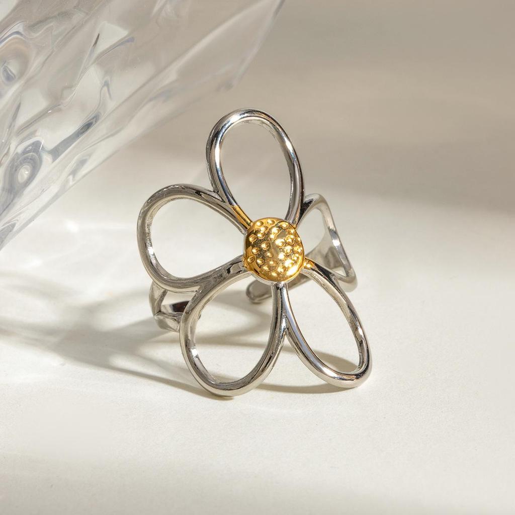 Wanxing Retro Flower Design Gold & Silver Adjustable Open Ring