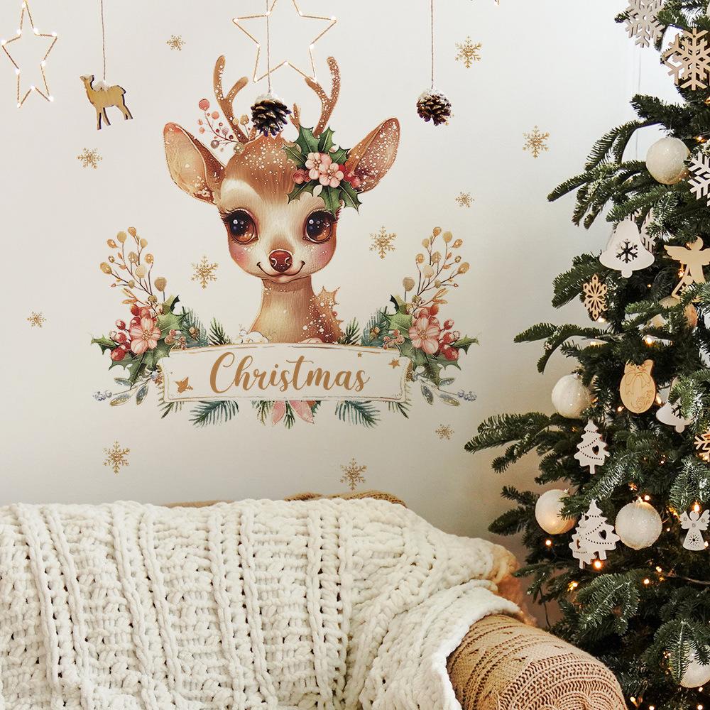 Christmas Deer English Slogan Green Plant Bedroom Living Room Study Background Landscaping Wall Sticker