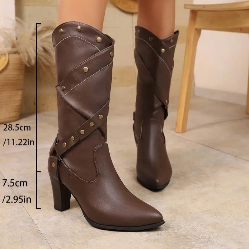 Women Boots Retro Rivet Design High Heel Boots Quality Leather Mid-calf Boot Temperament Pointed Women High-heeled Leather Boots
