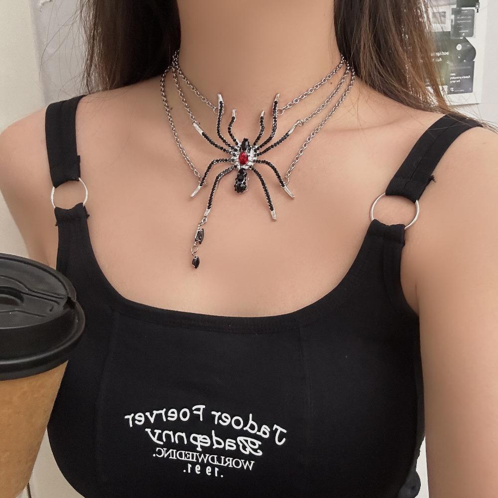 Punk Personality Simulation Rhinestone Black Spider Tassel Multi-layered Necklace for Women Halloween Collar Chain Jewelry Gifts
