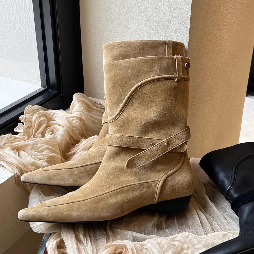 Cowhide version~ 2025 new Korean version leather pointed western cowboy boots women's thick heel buckle short knight boots