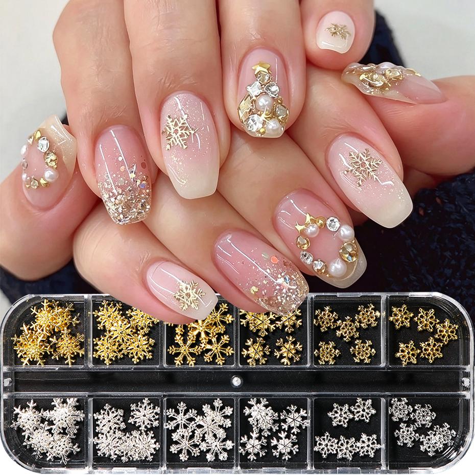 Xiaomi 12 Grids Metallic Snowflake Nail Charms Multiple Shapes Elegant Golden Silvery Snowflake Nail Decoration for Winter Nail Decor