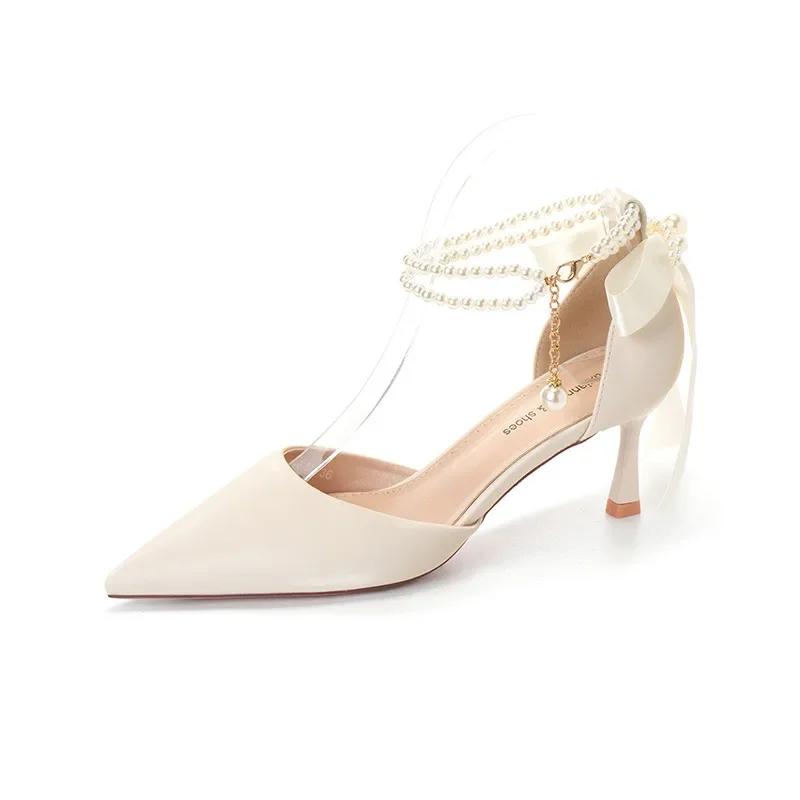 Fashion Women Summer High Heels Sandals Lady Pointed Toe Stiletto Butterfly Knot Pumps Fashion Pearl Buckle Strap Wedding Bridal Shoes