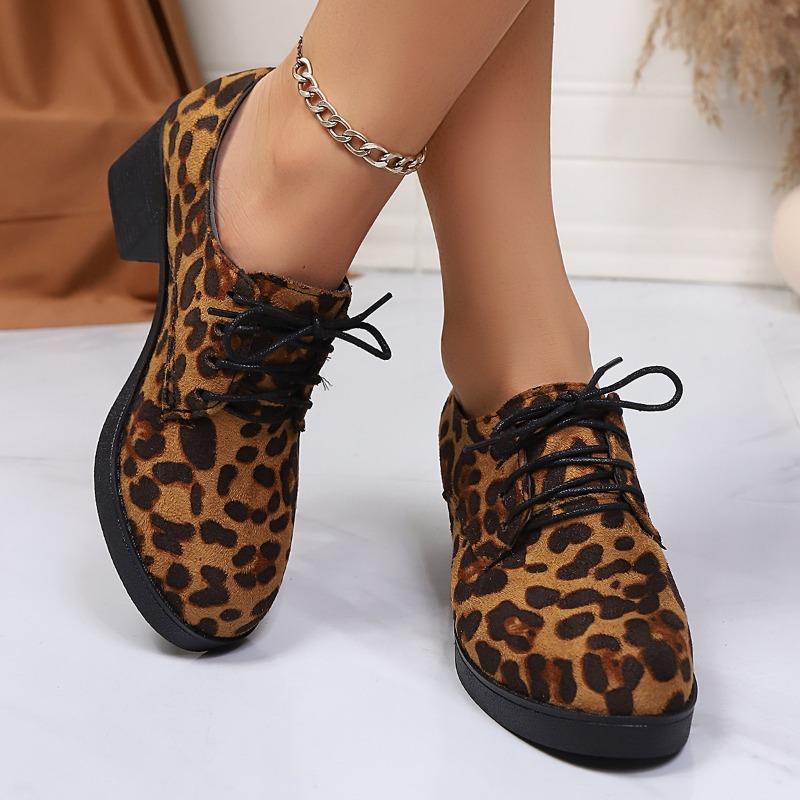 British Style Mid-heel Professional Single Shoe Women's 2025 Autumn New Lace-up Leopard Print Plus-size Retro Leather Shoes