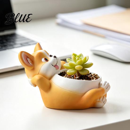 Langlebige Harz-Katzenfigur Pflanzgefäß Fressender Fisch Pflanzgefäß Niedriger Blumentopf mit Drainage Lustiger Kleiner Innenbehälter Corgi für Sukkulenten Pflanzen,