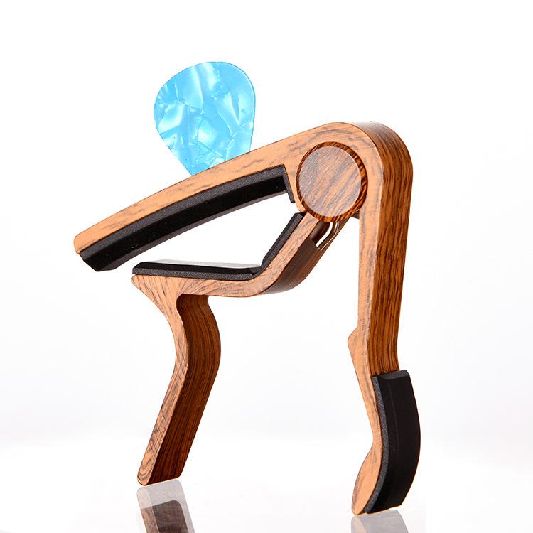 Guitar Medium Grip Wood Grain Capo with Card and Pick Slots