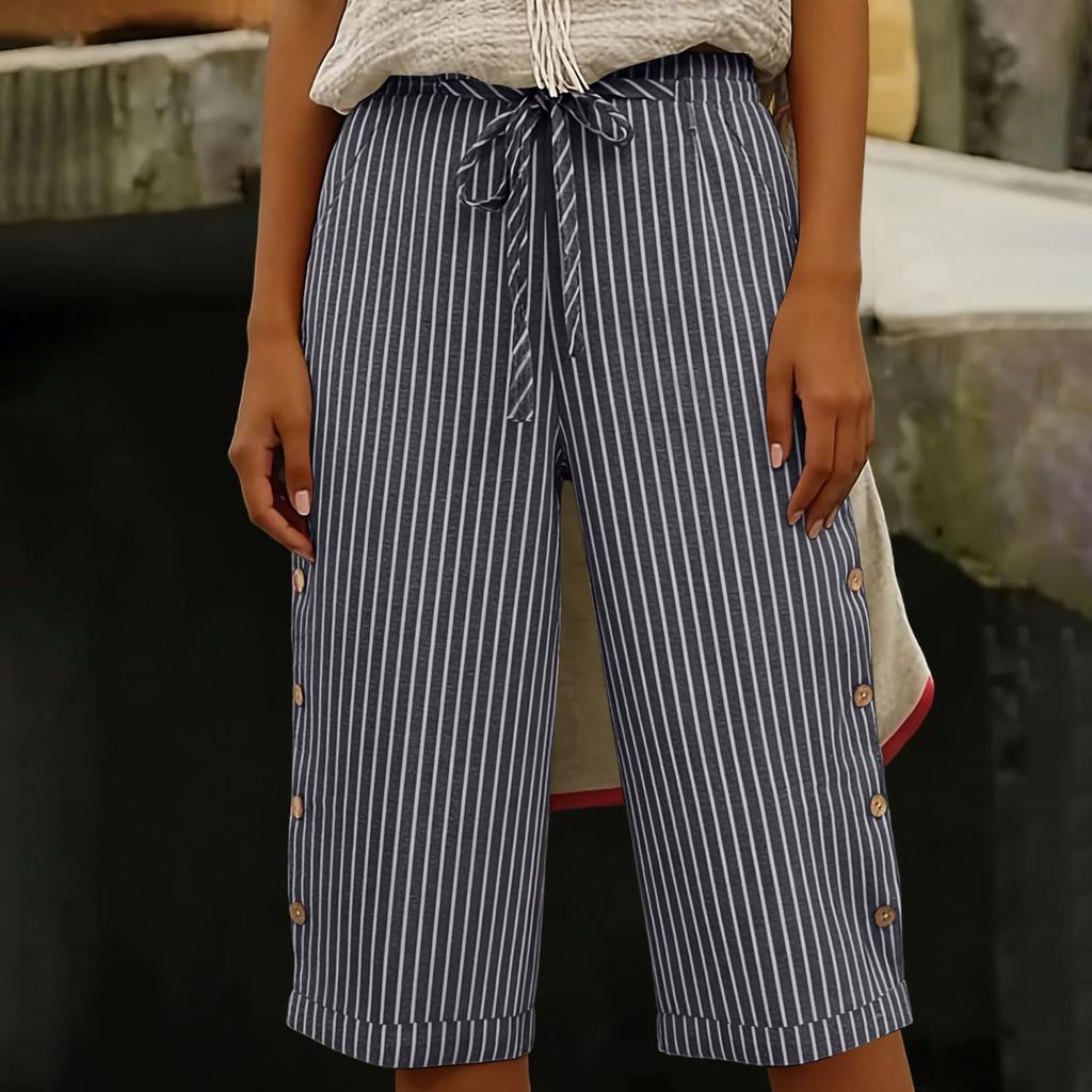 Dames Zomer Mode Gestreept Elastische Taille Vijfkwart Broek Casual Losse Zak Shorts