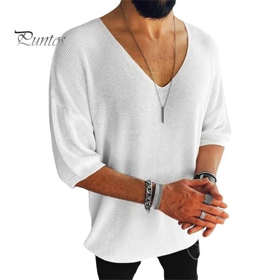 

Літня чоловіча футболка з V-подібним вирізом і напіврукавами Однотонний вільний пуловер Еластичний повсякденний одяг середньої довжини Щоденний спортивний топ Трикотаж S